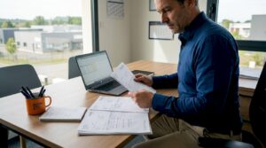 Chef d’une petite entreprise, installé derrière un bureau débordant de papiers et de dossiers.