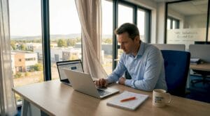 Un cadre en pleine réflexion, assis à son bureau, compare différentes solutions numériques pour optimiser le travail de son équipe.