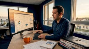 Un chef d’entreprise de PME qui gère ses activités au bureau grâce à un logiciel de gestion de la relation client (CRM).