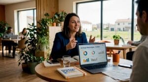 Une cheffe d’entreprise échange avec son équipe sur la stratégie digitale lors d’une réunion au bureau.