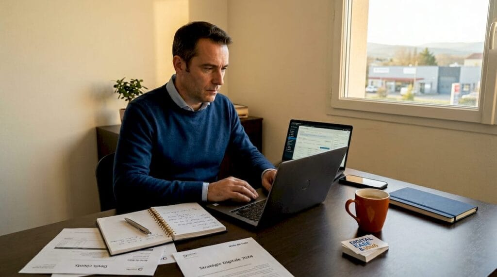 Un chef de petite entreprise en pleine gestion de ses activités sur son ordinateur portable.