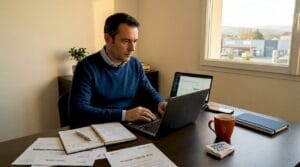Un chef de petite entreprise en pleine gestion de ses activités sur son ordinateur portable.