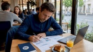 Un chef d'entreprise examine attentivement des rapports de données dans son bureau.