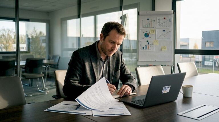 Un chef d’entreprise de PME passe en revue les dossiers liés à la cybersécurité dans son bureau.
