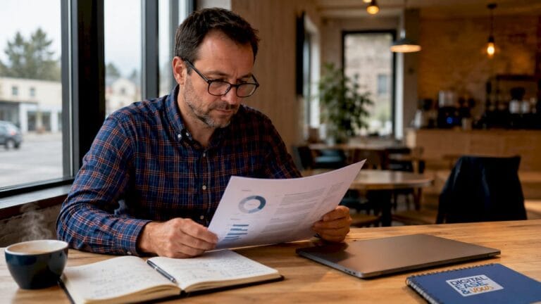 Un dirigeant passe en revue des documents liés à la cybersécurité dans son bureau.