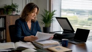 Un dirigeant de PME organise ses dossiers à son bureau.