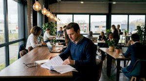 Un chef d’entreprise de PME en pleine analyse de ses rapports de performance grâce à des outils de business intelligence.