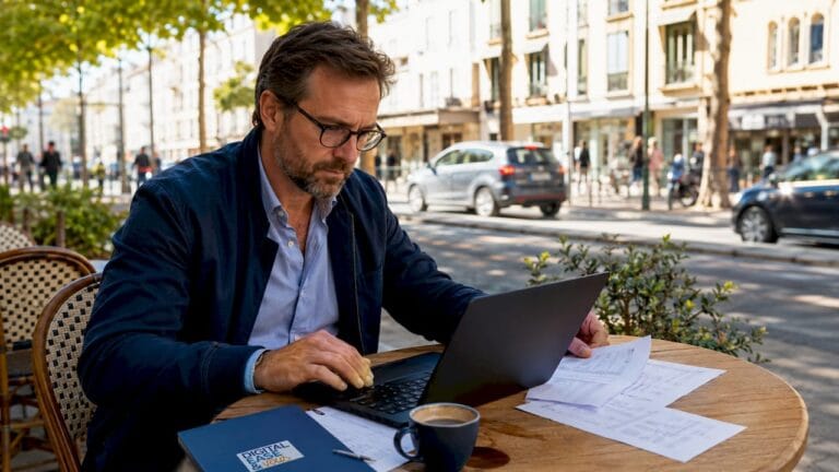 Un homme saisit des informations sur son public depuis son ordinateur, installé à son bureau au travail.