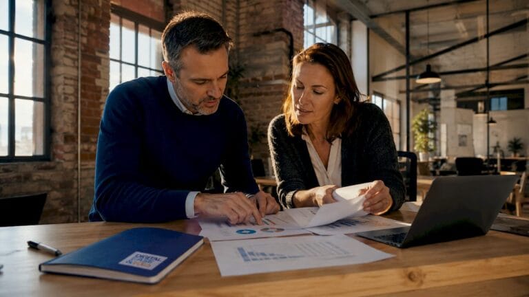 Des dirigeants de PME échangent autour d’une table dans un bureau sobre et fonctionnel.