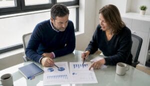 Deux chefs d’entreprise échangent sur des questions concrètes liées à la gestion de leur PME.