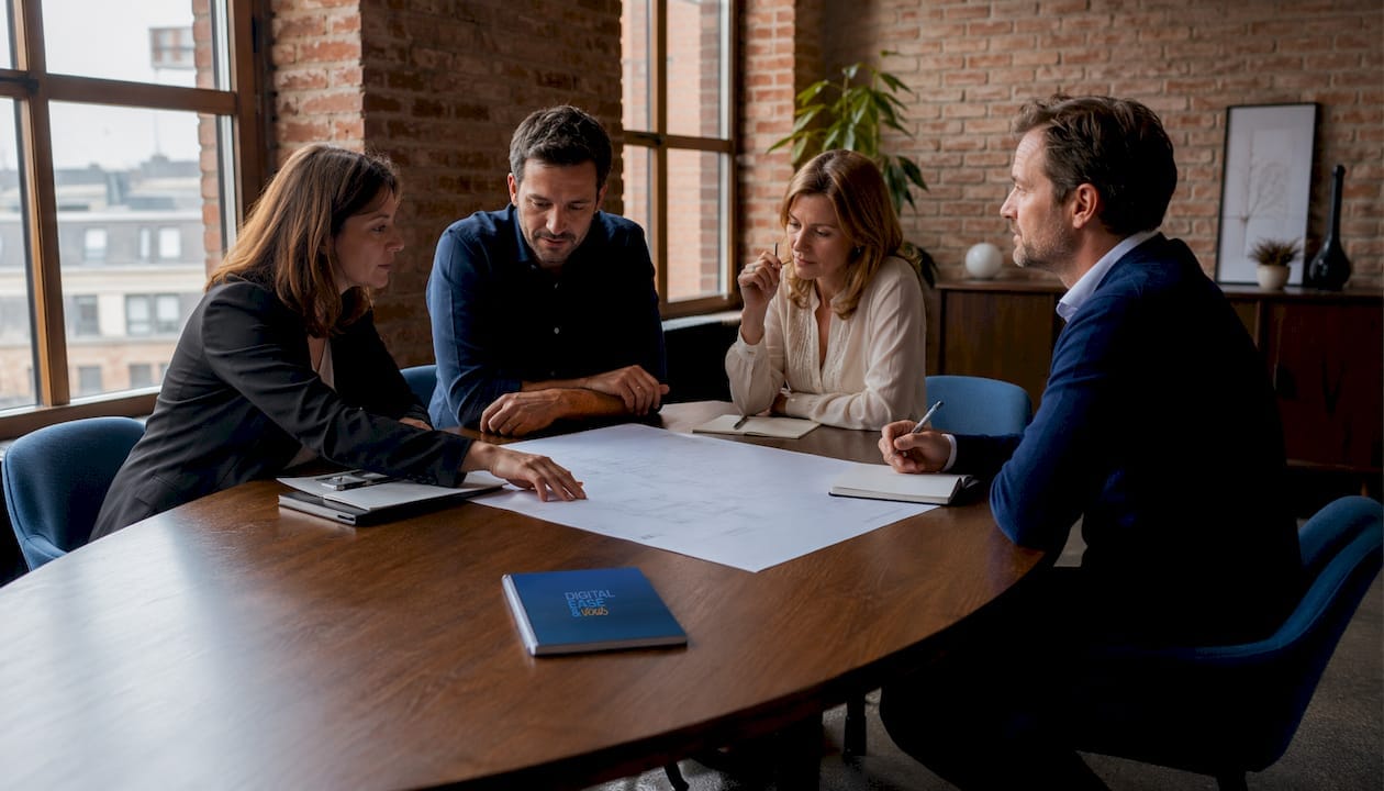 Au cœur d’une PME locale, trois collaborateurs se retrouvent autour d’une table pour échanger lors d’une réunion.