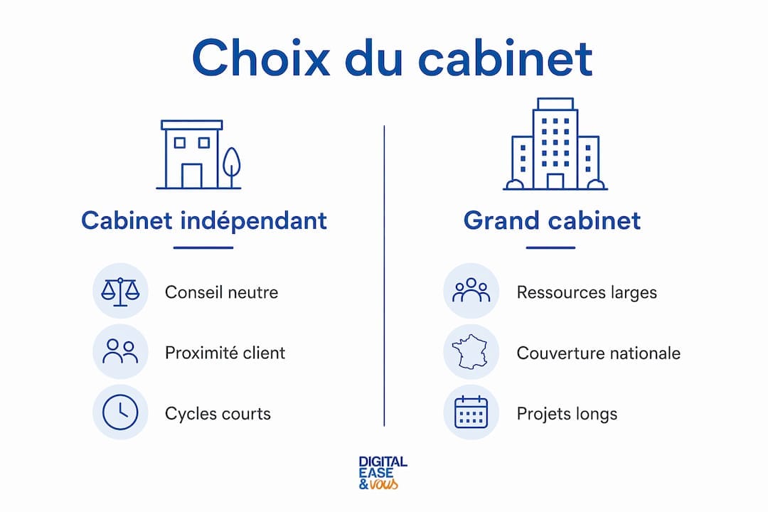 Infographie : différences clés entre cabinet indépendant et grande structure