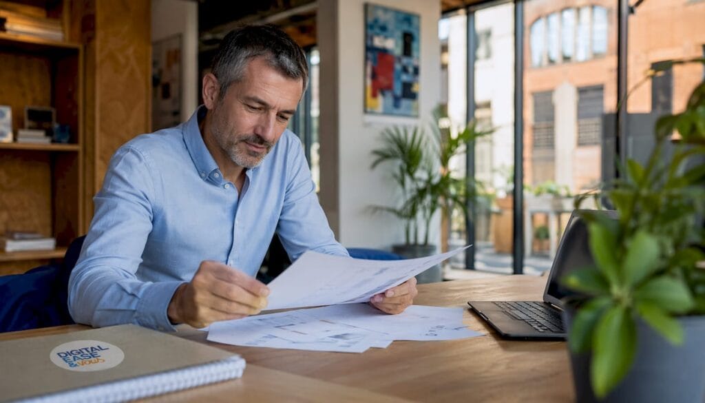 Un chef d’entreprise de PME installé dans un bureau épuré, entouré de dossiers posés sur son bureau.