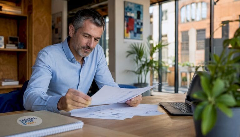 Un chef d’entreprise de PME installé dans un bureau épuré, entouré de dossiers posés sur son bureau.