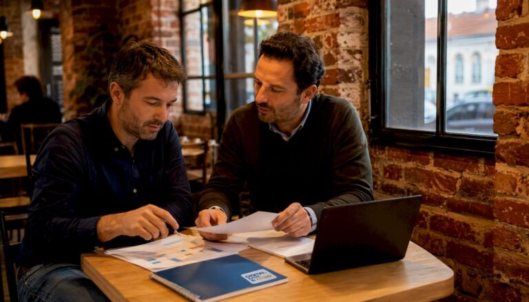 Deux chefs d’entreprise de PME échangent dans leur bureau situé au cœur d’une zone artisanale.