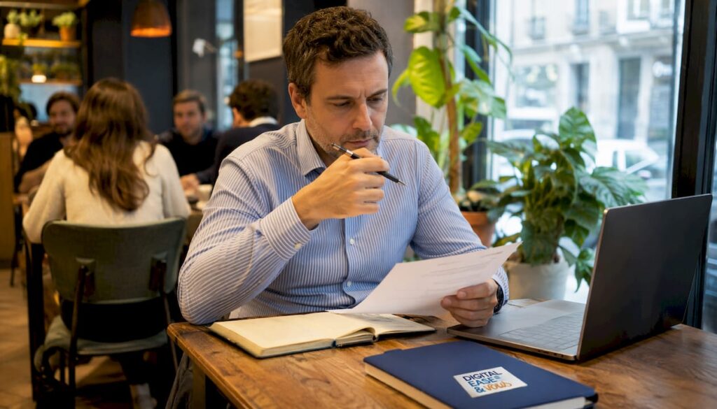 Chef d’entreprise d’une PME française en pleine activité dans son bureau