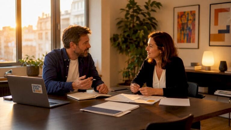 Entretien convivial entre dirigeants de PME dans un bureau chaleureux