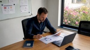 Un dirigeant de PME consulte des documents CRM dans son bureau.