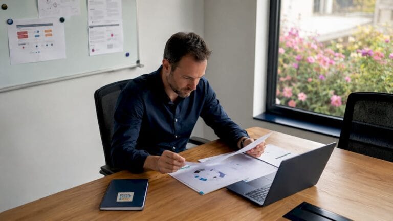 Un dirigeant de PME consulte des documents CRM dans son bureau.