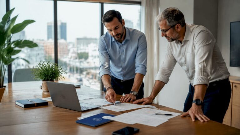 Deux chefs d'entreprise échangent autour de la table lors d'une réunion dans une PME.