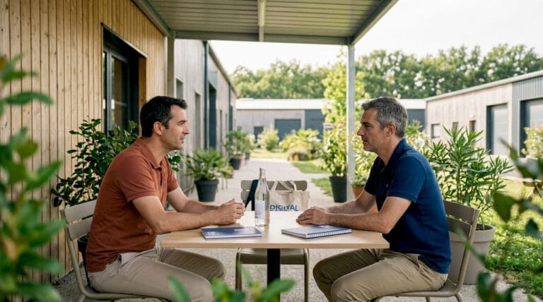 Deux chefs d'entreprise échangent tranquillement autour de la table de réunion, dans une ambiance détendue au bureau.