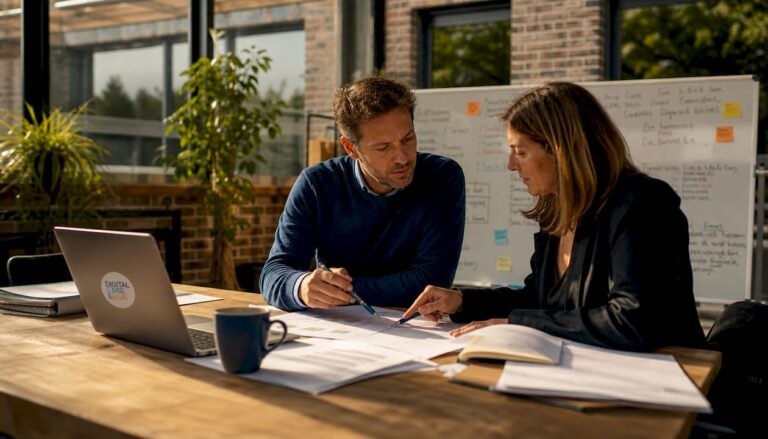Des dirigeants de PME réunis autour de la table, en pleine réflexion sur la rentabilité de leurs actions marketing.