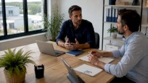 Deux chefs d’entreprise échangent sur l’intelligence artificielle et son impact dans les PME en région.