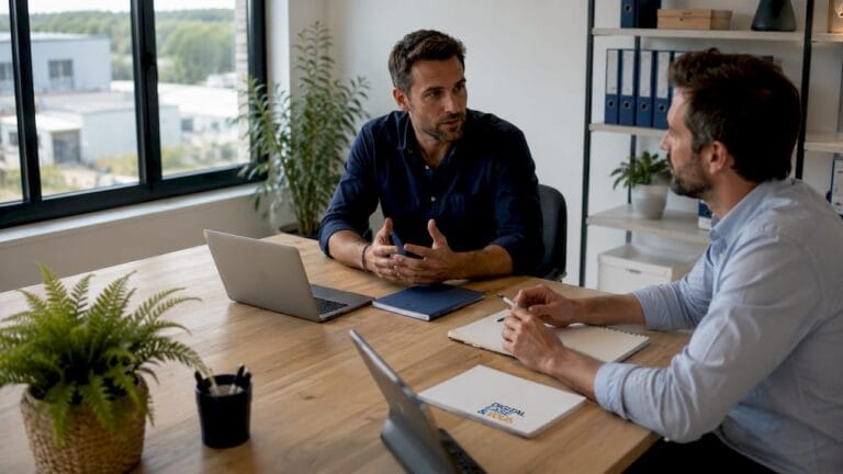 Deux chefs d’entreprise échangent sur l’intelligence artificielle et son impact dans les PME en région.