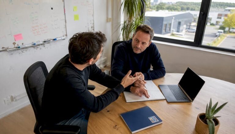 accueil v2 8 Des chefs d'entreprise de PME échangent autour d'une table dans leur bureau.