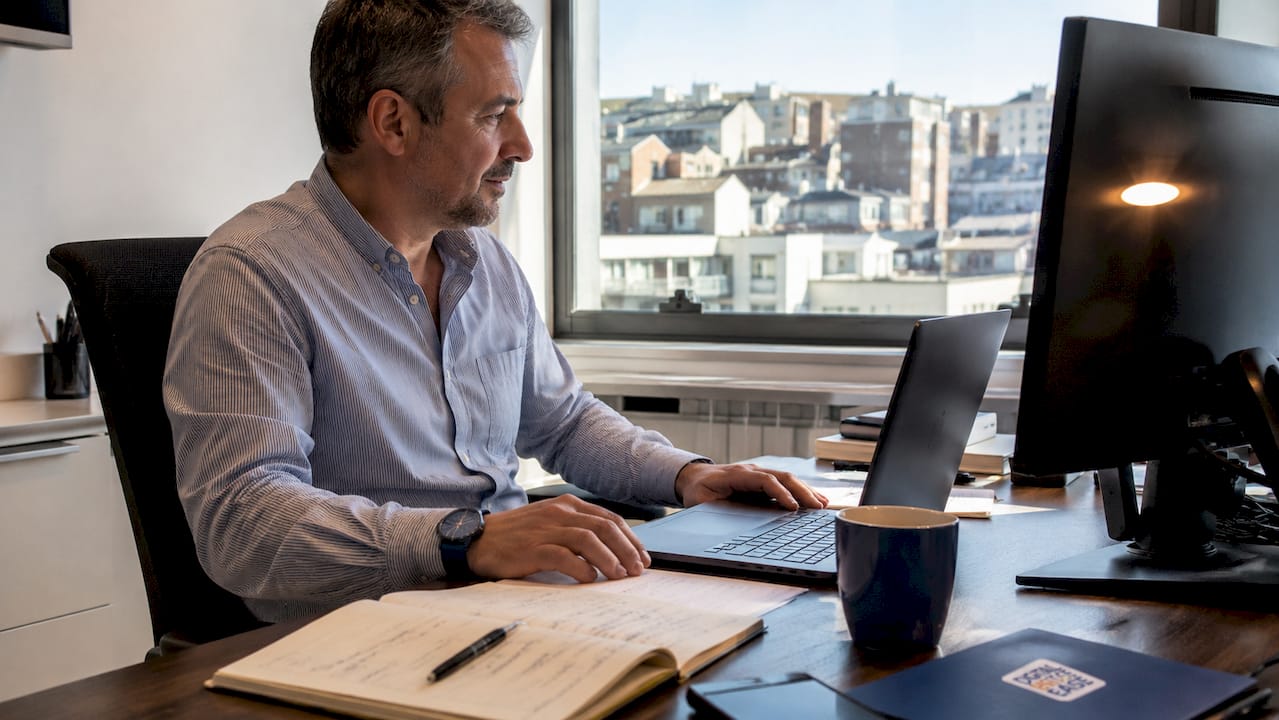 Meilleures plateformes de pilotage projet pour PME 3 Un chef d’entreprise de PME concentré sur ses dossiers dans son bureau.