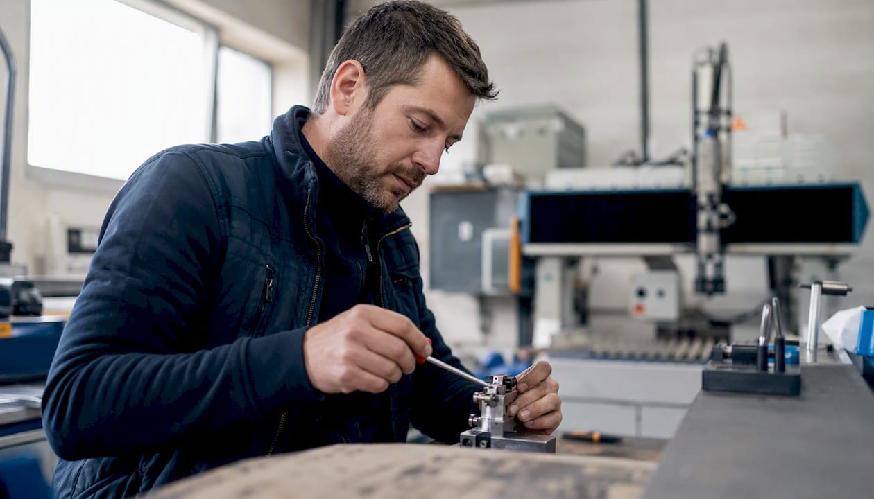 Formation sur mesure pour TPE/PME : guide pratique pour dirigeants 1 Patron de PME impliqué dans les réglages manuels sur le terrain
