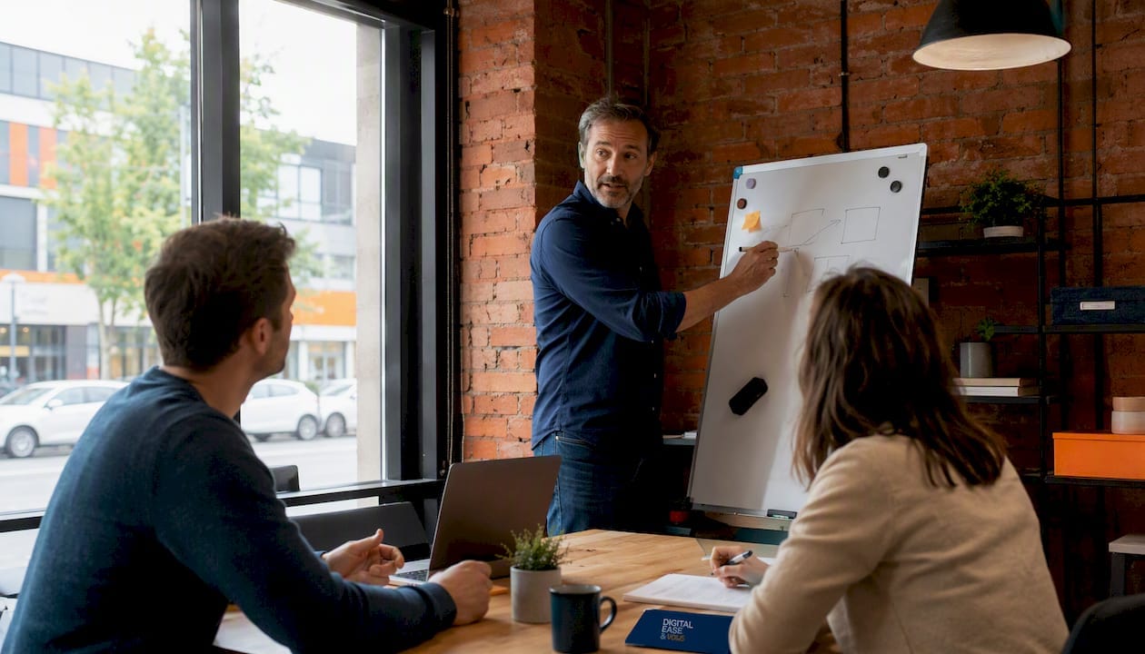 Des chefs d’entreprise de PME en pleine réflexion autour d’un tableau blanc