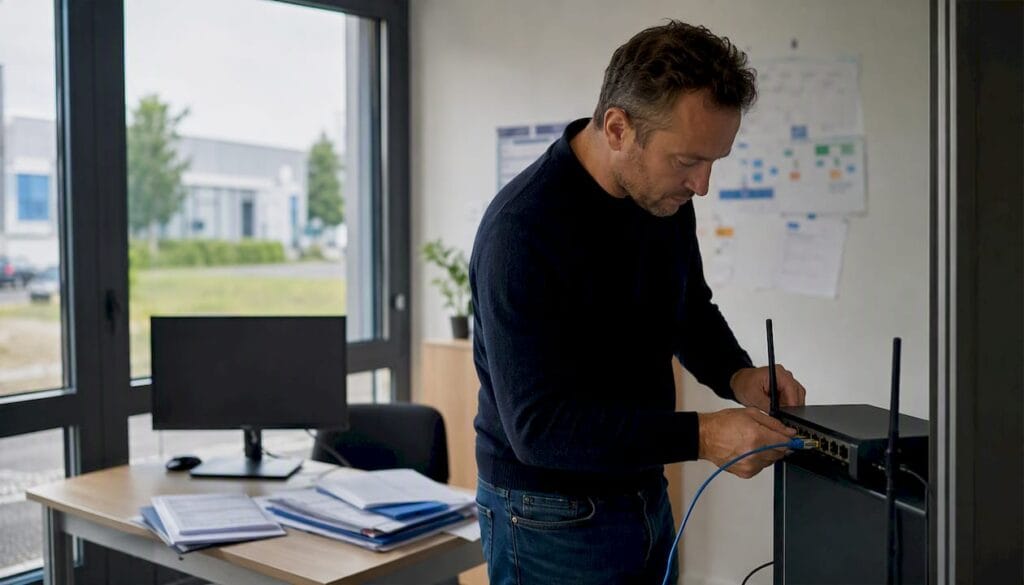 Chef d’entreprise de PME en train d’installer un routeur pour connecter son réseau