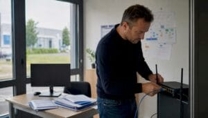 Chef d’entreprise de PME en train d’installer un routeur pour connecter son réseau