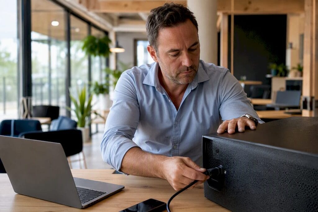 Dirigeant réglant un routeur dans un bureau de PME
