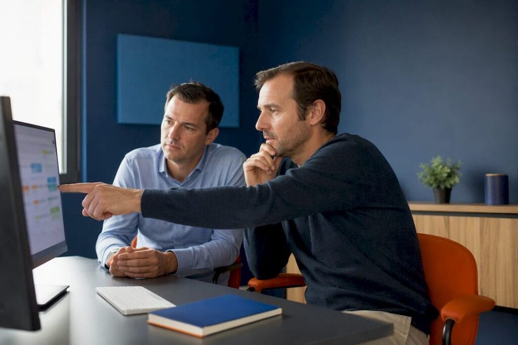 Chefs de PME analysant un suivi commercial