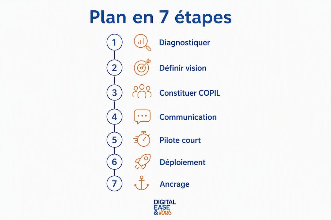 Découvrez en un coup d’œil les 7 grandes étapes pour réussir la conduite du changement au sein d’une PME grâce à notre infographie.