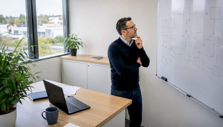 Chef d’entreprise de PME en pleine analyse de ses processus métiers