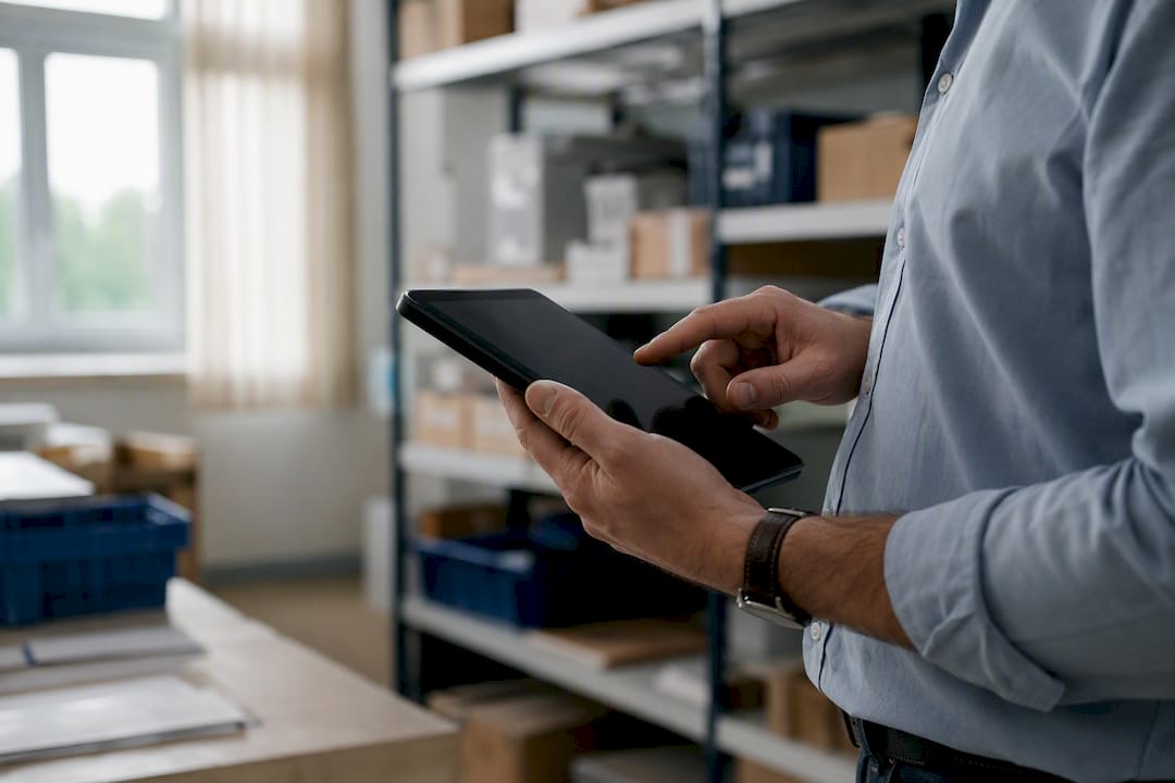 Logistique e-commerce PME : externaliser ou pas en 2026 ? 2 Tablette tenue hors champ dans le bureau logistique d'une PME