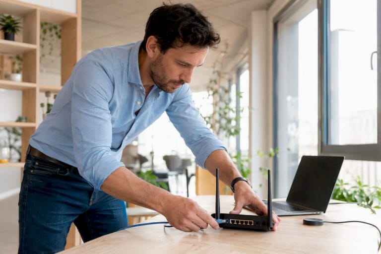 Chef d'entreprise de PME installant un câble internet au bureau