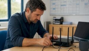 Chef d’entreprise installant un nouvel équipement réseau au sein de sa PME