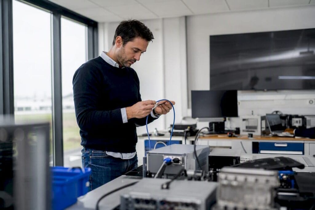 Chef d'entreprise PME connectant un câble réseau