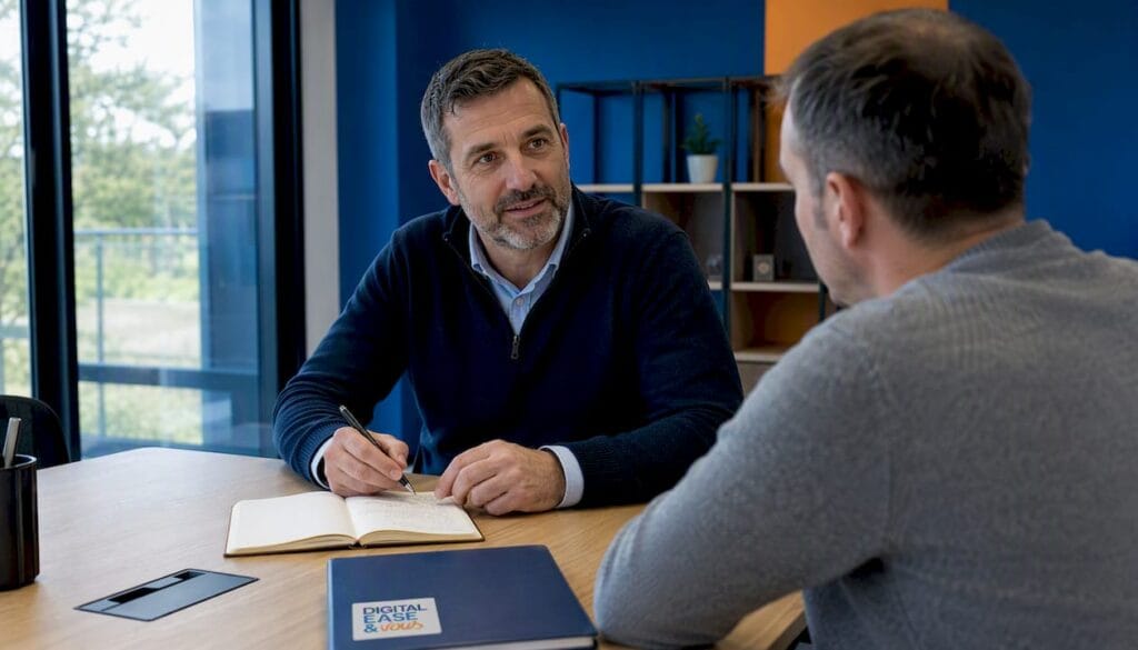Échange entre un dirigeant de PME et son collaborateur