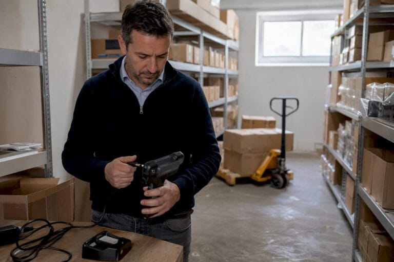 PME logisticien branchant un câble de scanner dans l'entrepôt