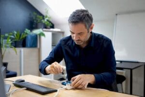 Dirigeant de PME adaptant son équipement numérique