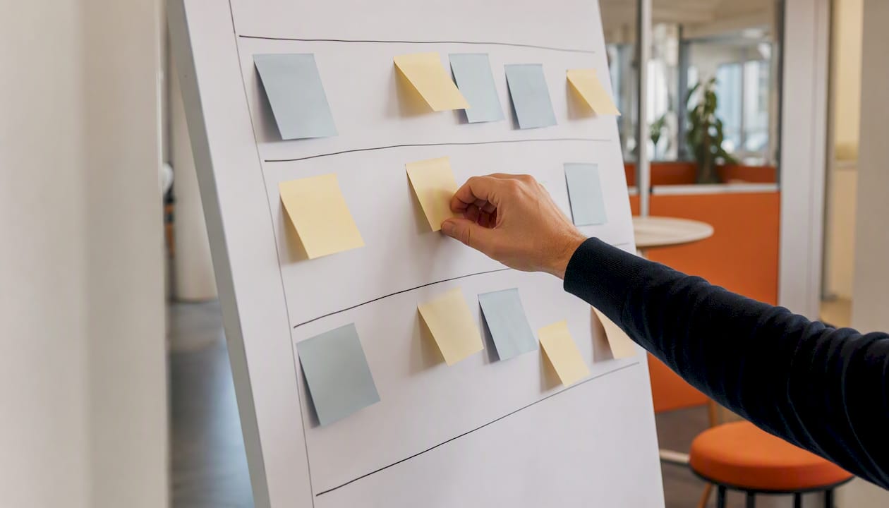 Un chef d’entreprise ajuste les informations sur un tableau blanc lors d’une réunion en PME.