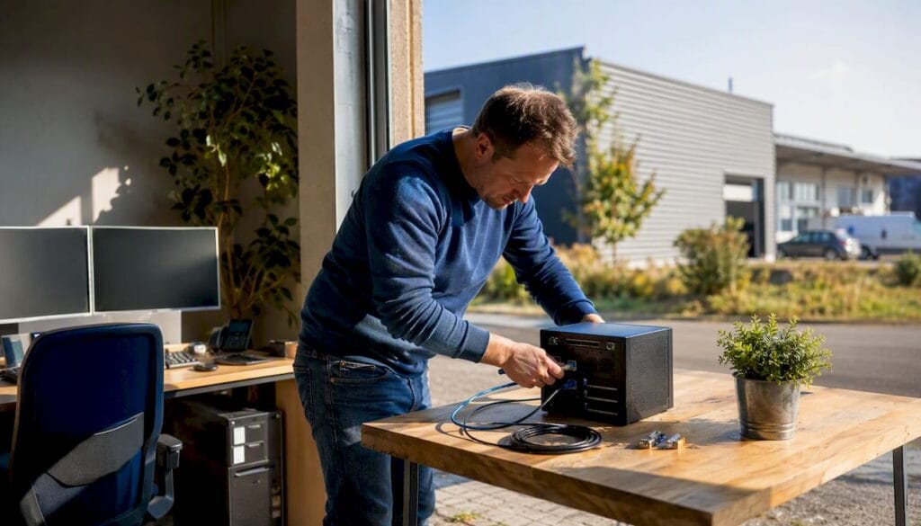 Un chef d’entreprise de PME en train de connecter un câble réseau
