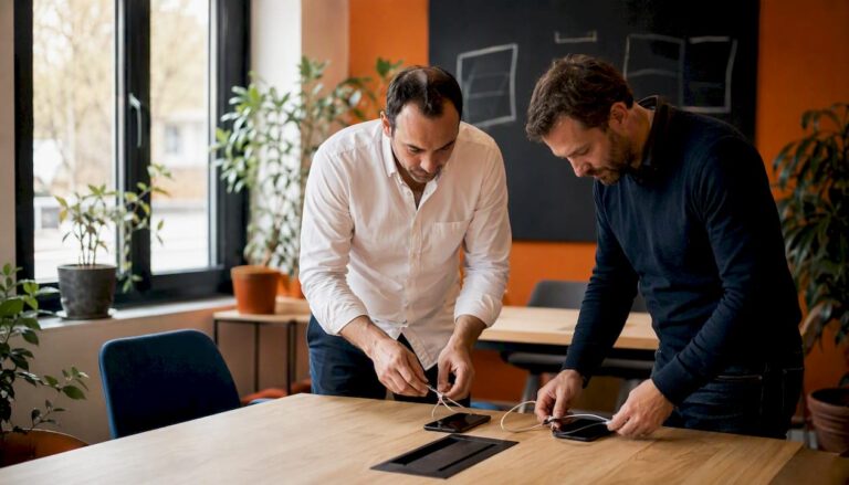 Des dirigeants de PME utilisant leurs appareils numériques lors des réunions