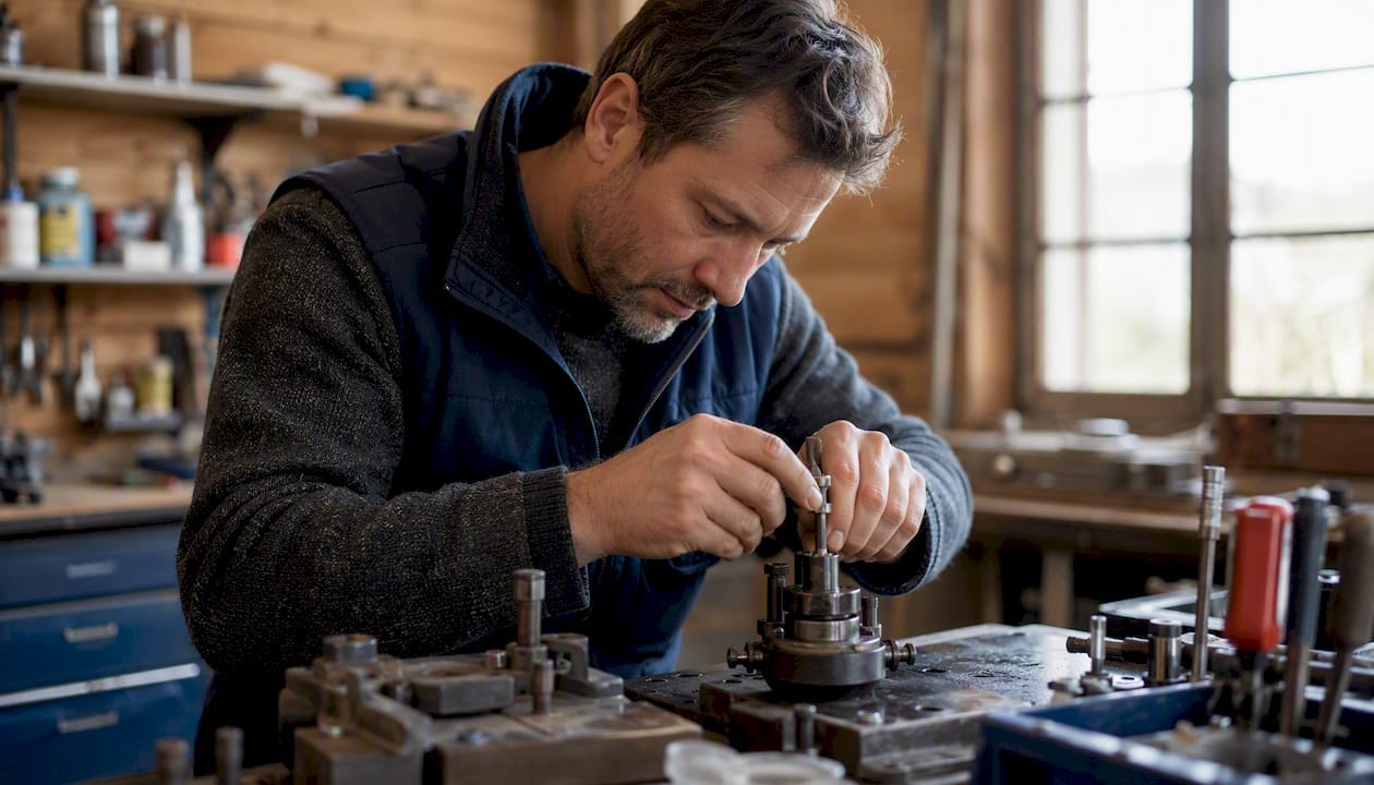Patron de PME en train de régler un outil dans son atelier