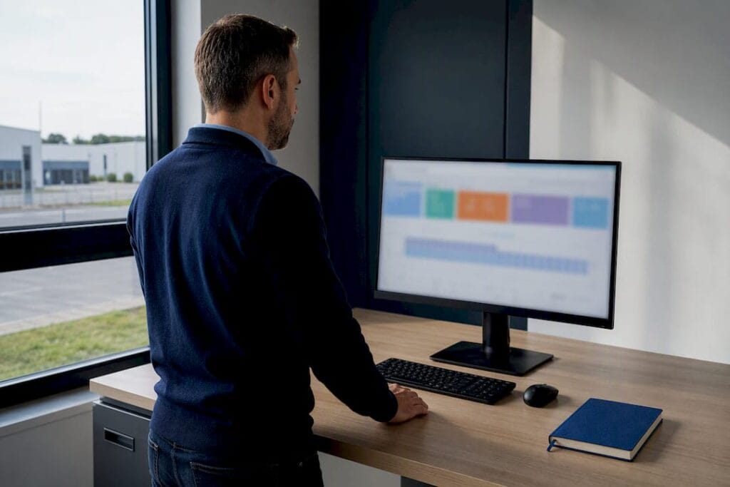 Chef d'entreprise de PME analysant son suivi marketing